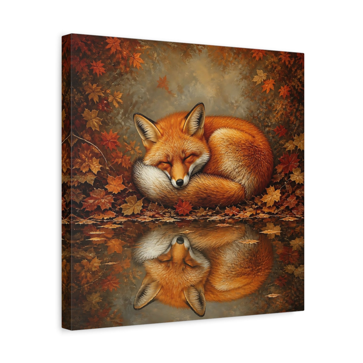Side Mockup 6. Animal Curled Fox In Autumn shown as canvas print