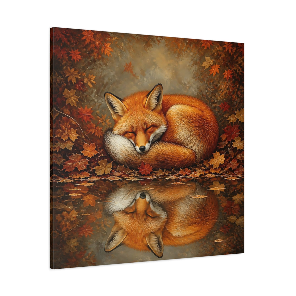 Side Mockup 1. Animal Curled Fox In Autumn shown as canvas print