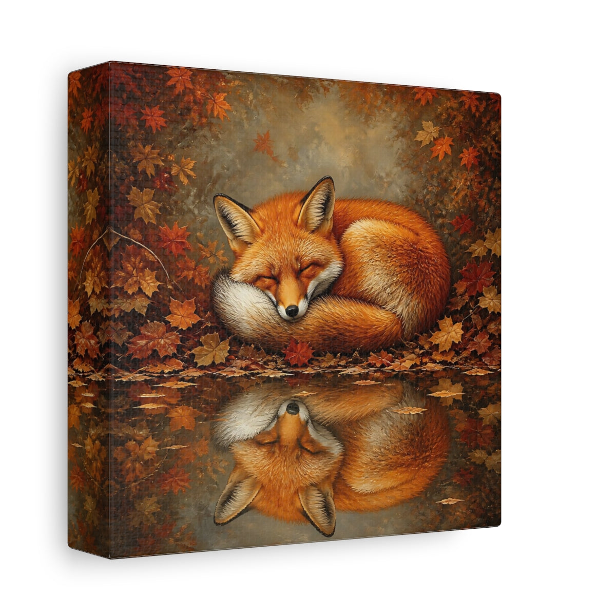 Side Mockup 2. Animal Curled Fox In Autumn shown as canvas print
