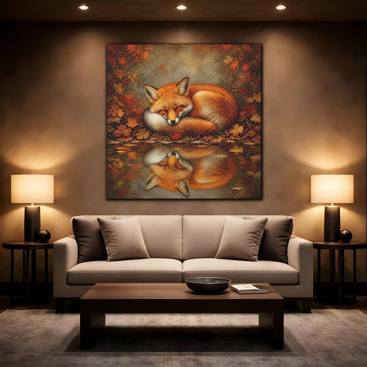 Mockup 2. Animal Curled Fox In Autumn shown as canvas print