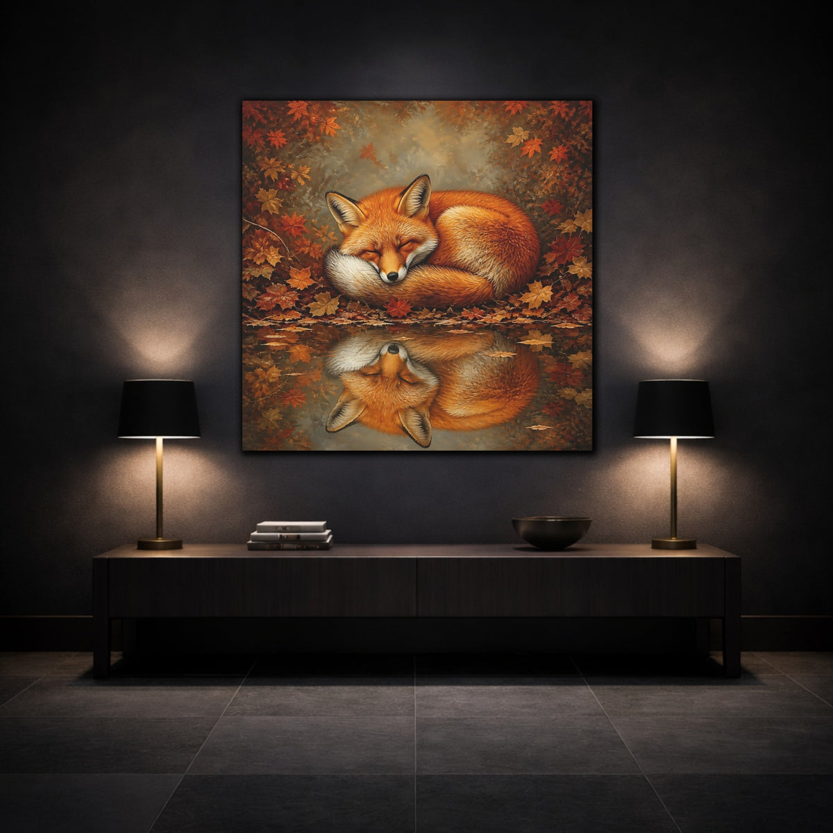 Mockup 3. Animal Curled Fox In Autumn shown as canvas print
