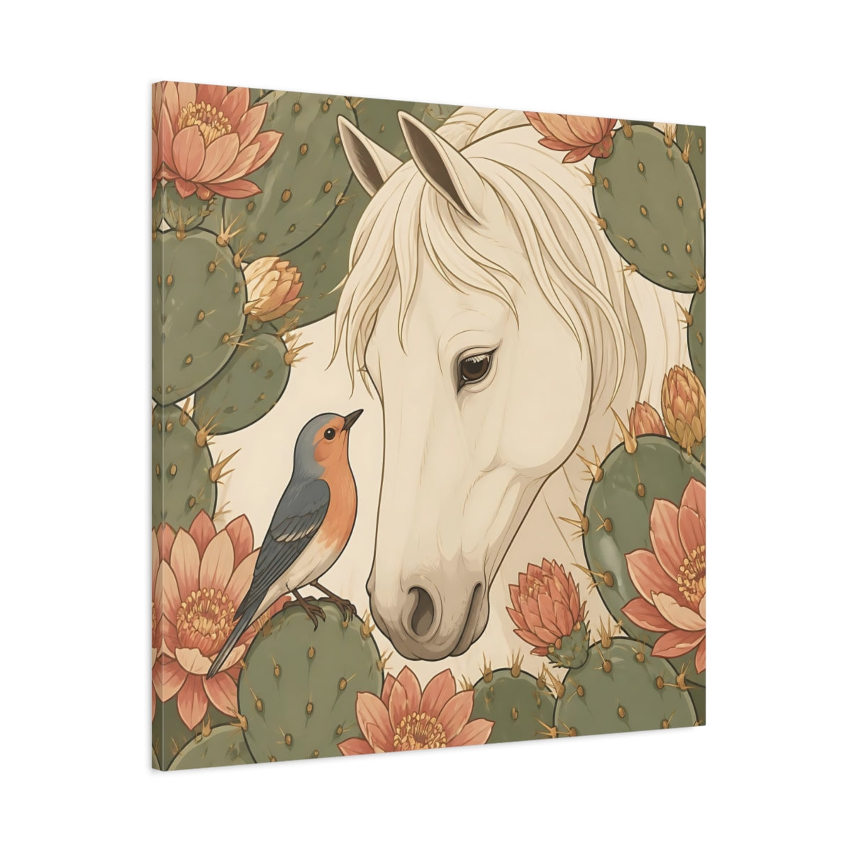 Main Mockup. Animal White Horse With Robin shown as canvas print