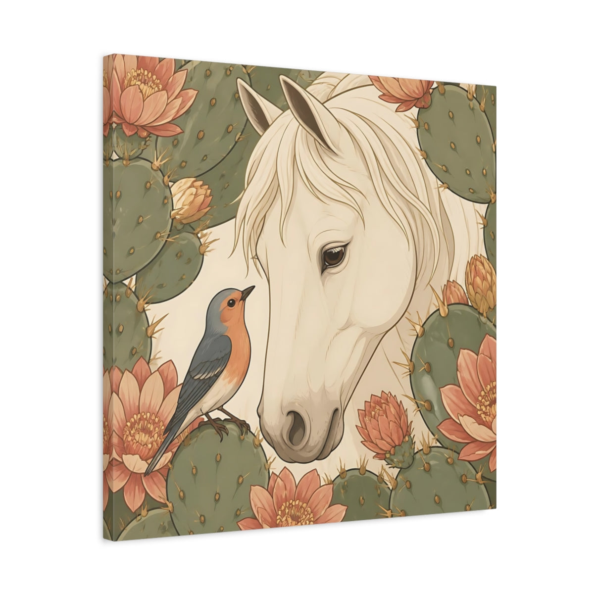 Side Mockup 4. Animal White Horse With Robin shown as canvas print