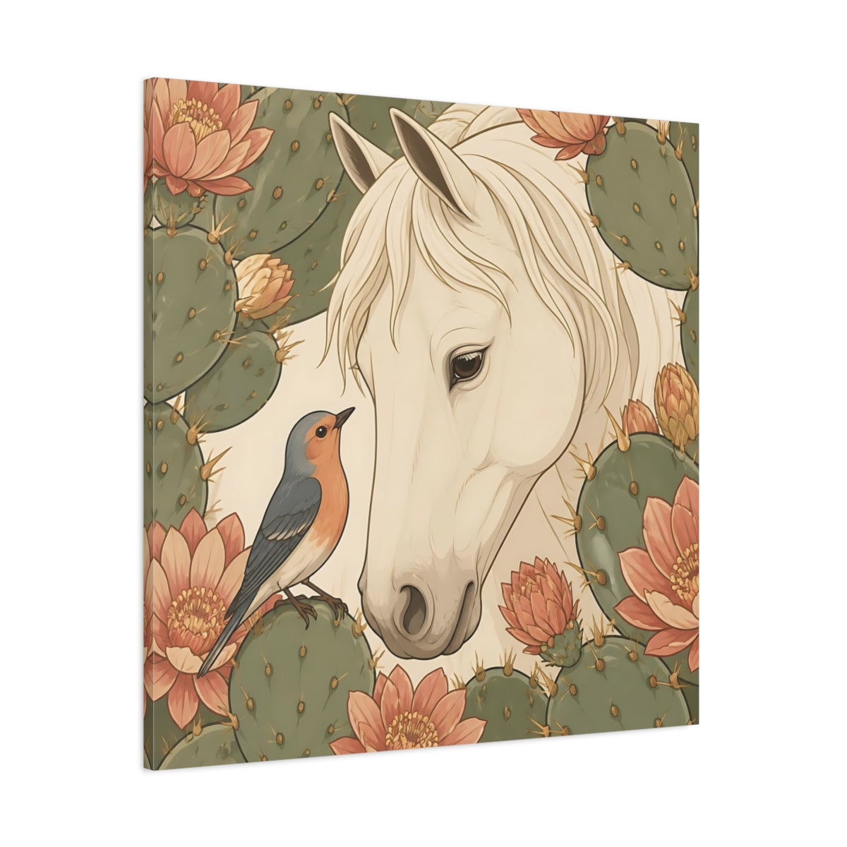 Side Mockup 1. Animal White Horse With Robin shown as canvas print