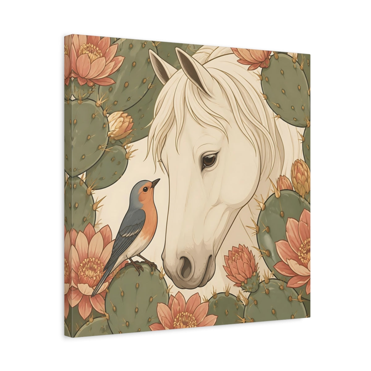 Side Mockup 5. Animal White Horse With Robin shown as canvas print