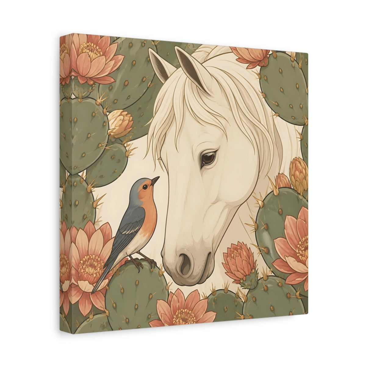 Side Mockup 8. Animal White Horse With Robin shown as canvas print