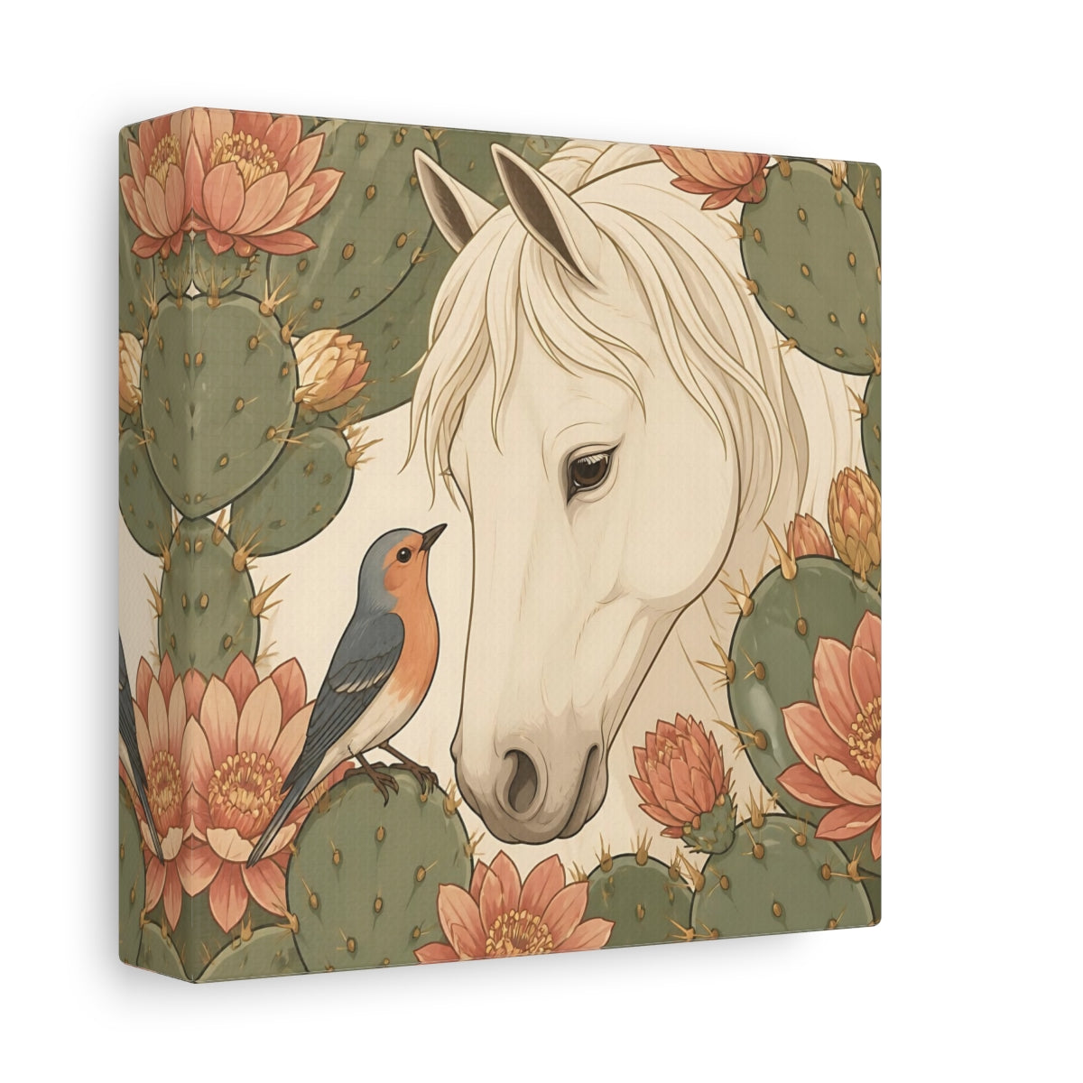 Side Mockup 2. Animal White Horse With Robin shown as canvas print