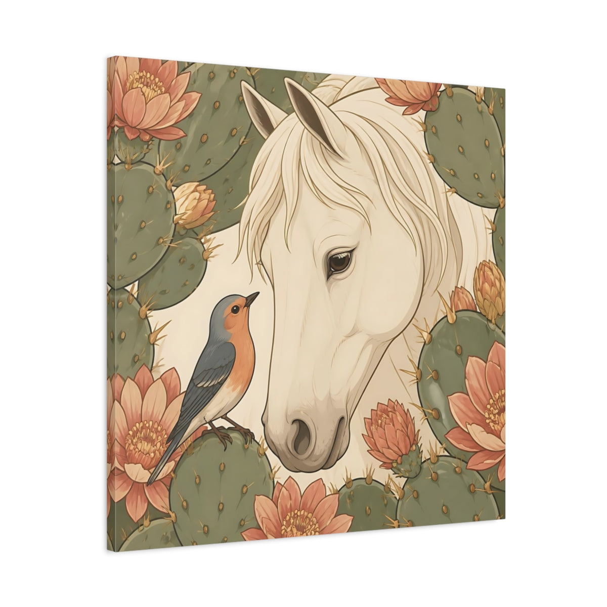 Side Mockup 3. Animal White Horse With Robin shown as canvas print