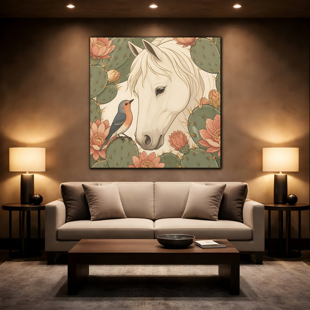 Mockup 2. Animal White Horse With Robin shown as canvas print