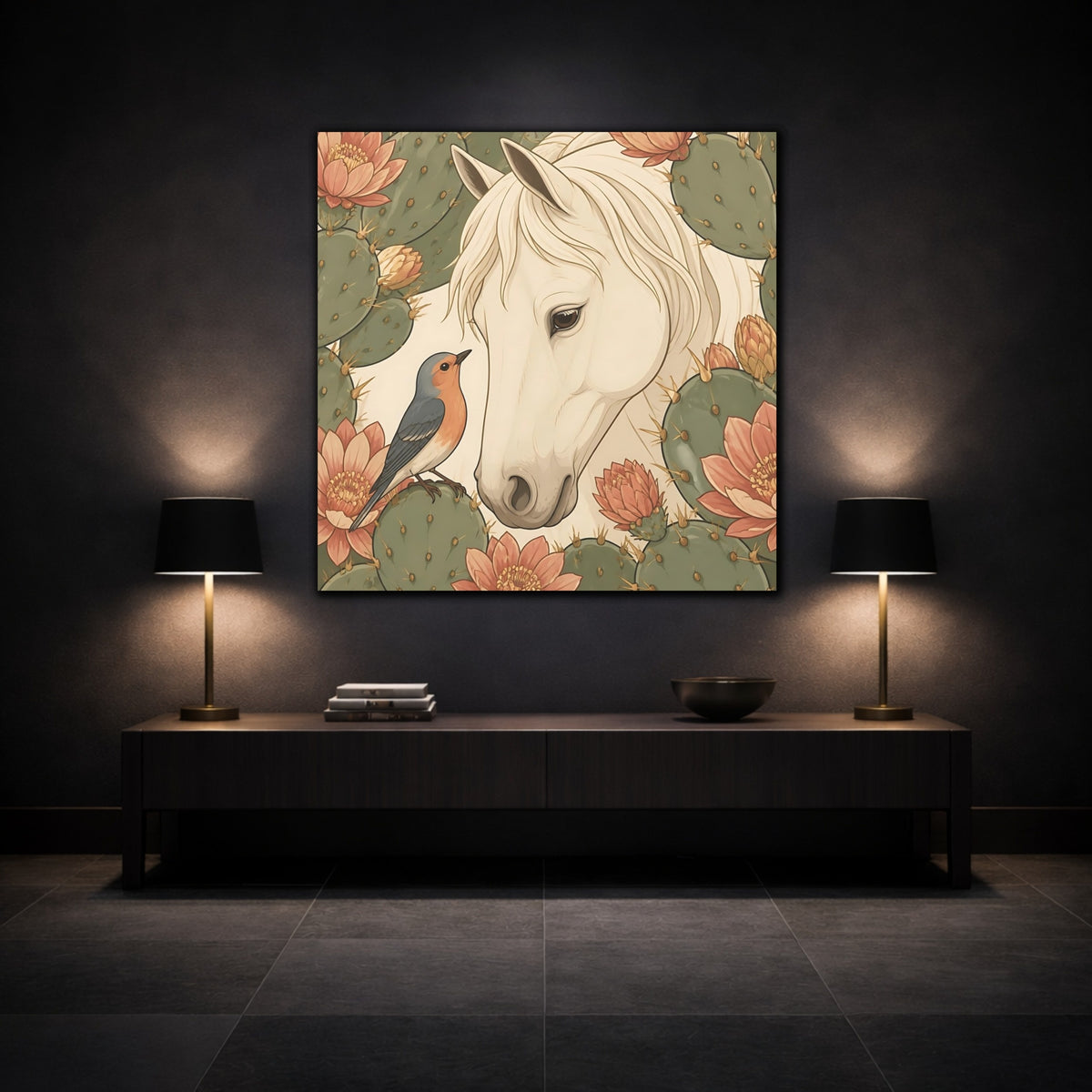 Mockup 3. Animal White Horse With Robin shown as canvas print