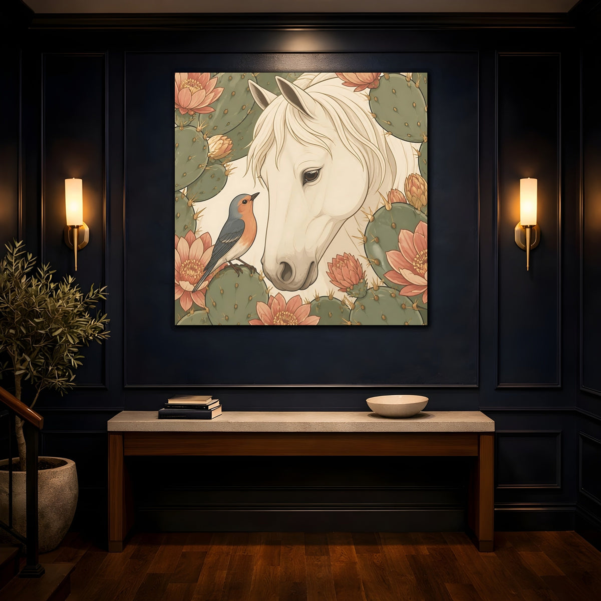 Mockup 4. Animal White Horse With Robin shown as canvas print