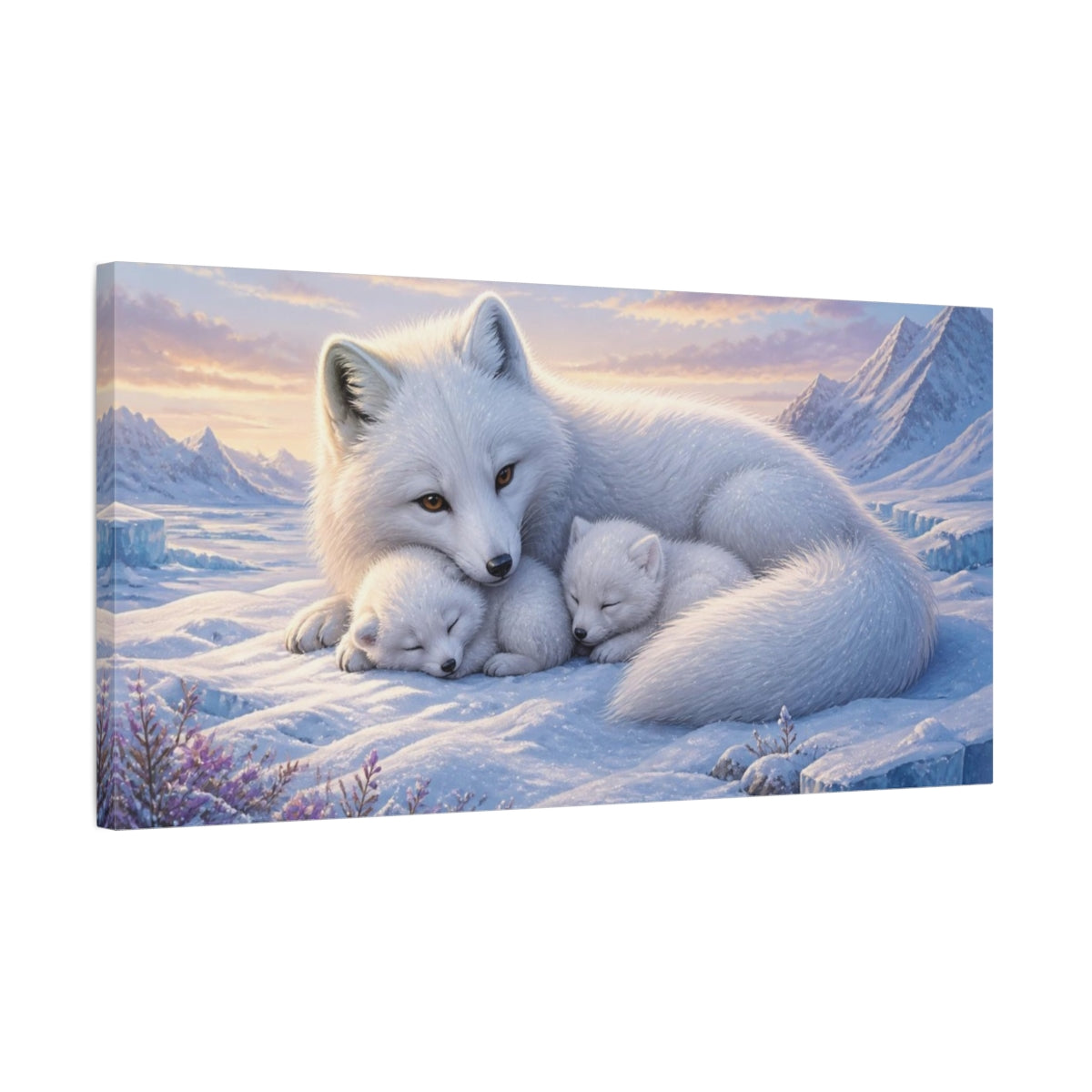 Side Mockup 1. Animals Arctic Fox Family shown as canvas print