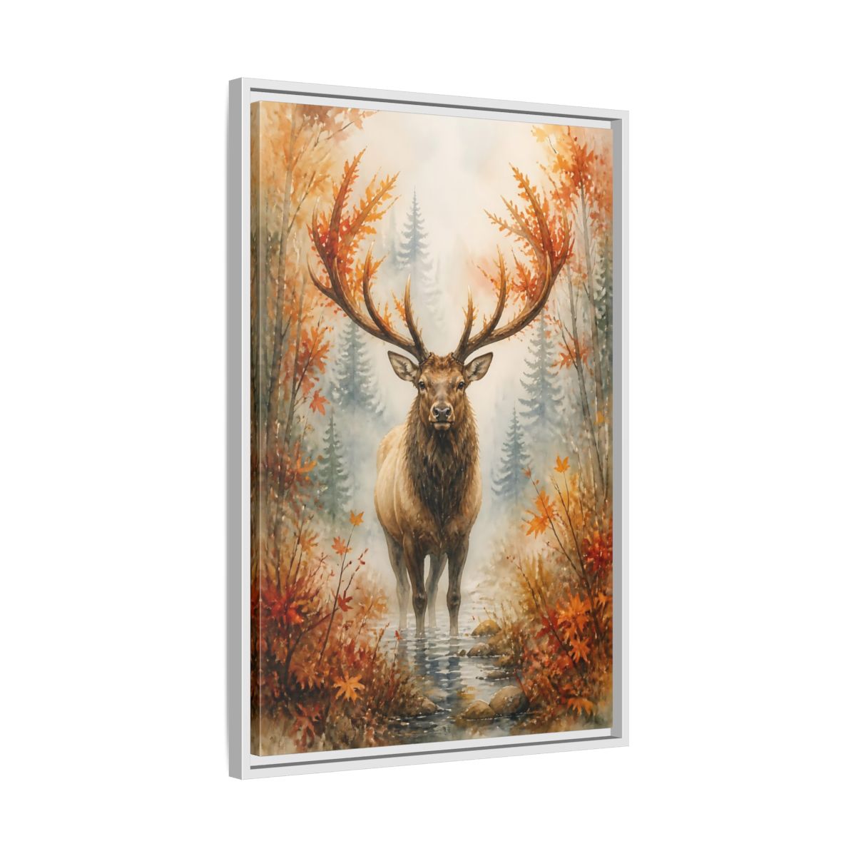 Side Mockup 10. Animals Autumn Elk In Mist shown as framed canvas print
