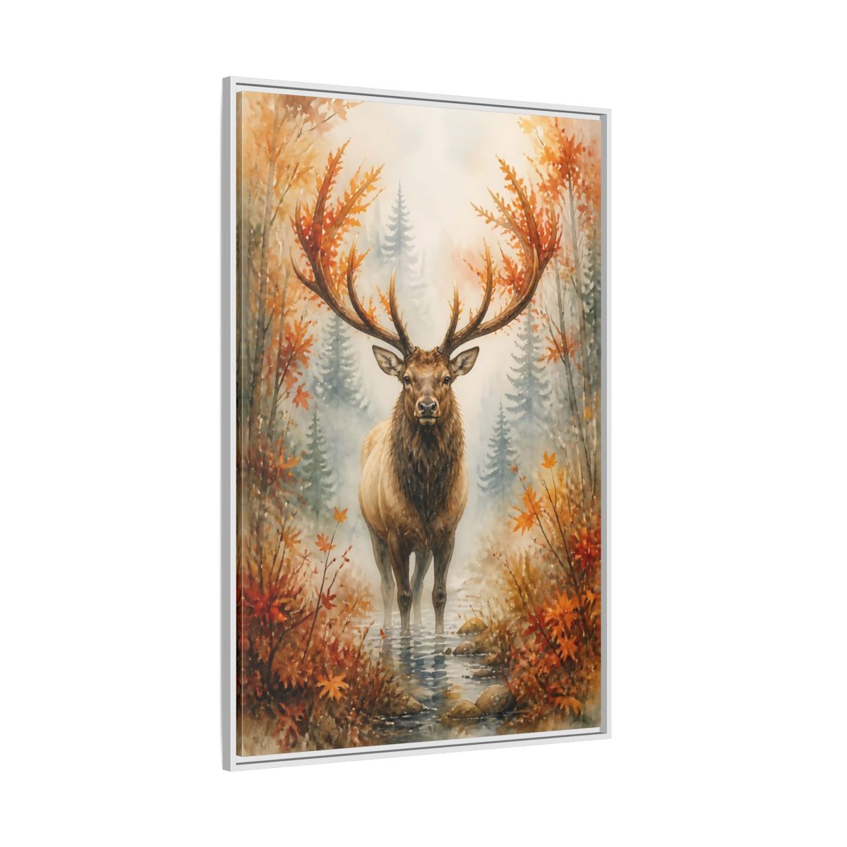 Side Mockup 7. Animals Autumn Elk In Mist shown as framed canvas print