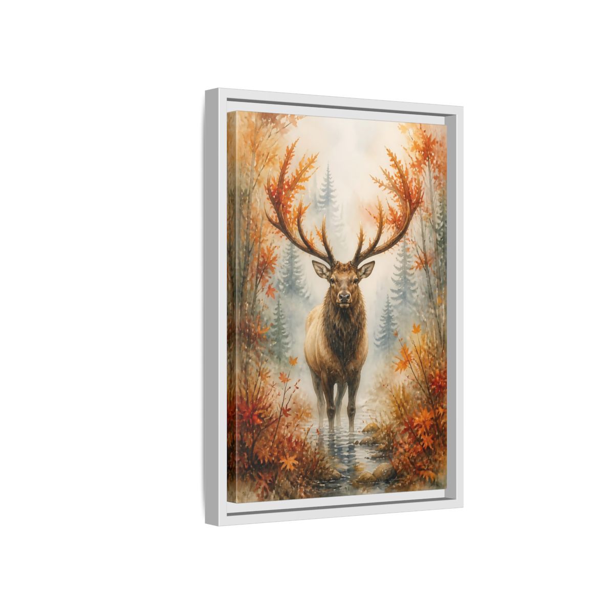Side Mockup 4. Animals Autumn Elk In Mist shown as framed canvas print