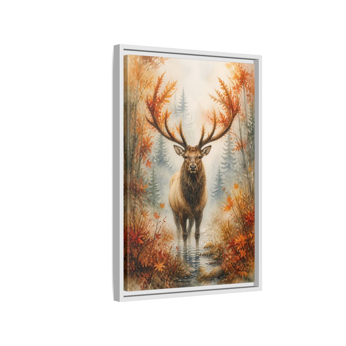 Side Mockup 1. Animals Autumn Elk In Mist shown as framed canvas print