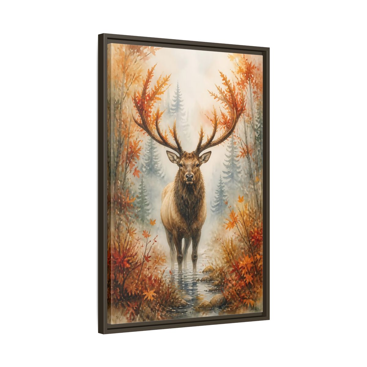 Side Mockup 11. Animals Autumn Elk In Mist shown as framed canvas print