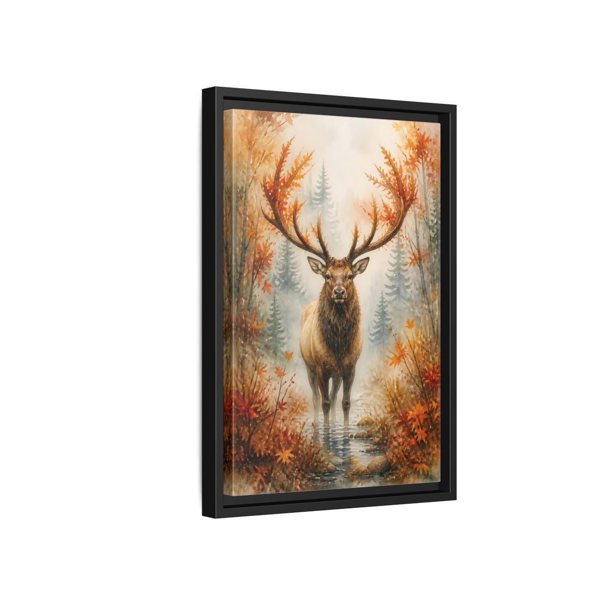 Side Mockup 6. Animals Autumn Elk In Mist shown as framed canvas print