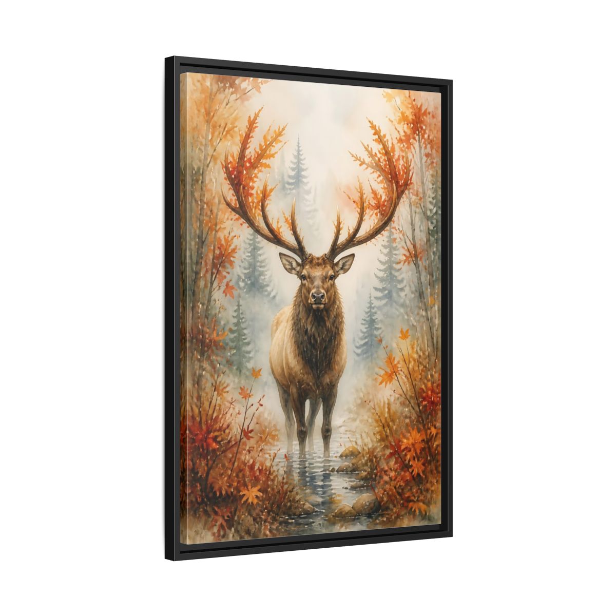 Side Mockup 14. Animals Autumn Elk In Mist shown as framed canvas print