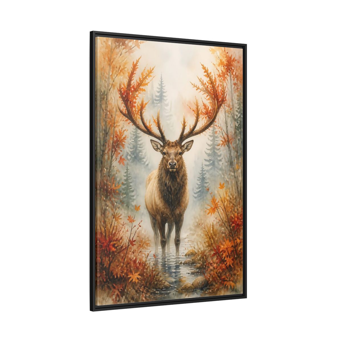 Side Mockup 12. Animals Autumn Elk In Mist shown as framed canvas print