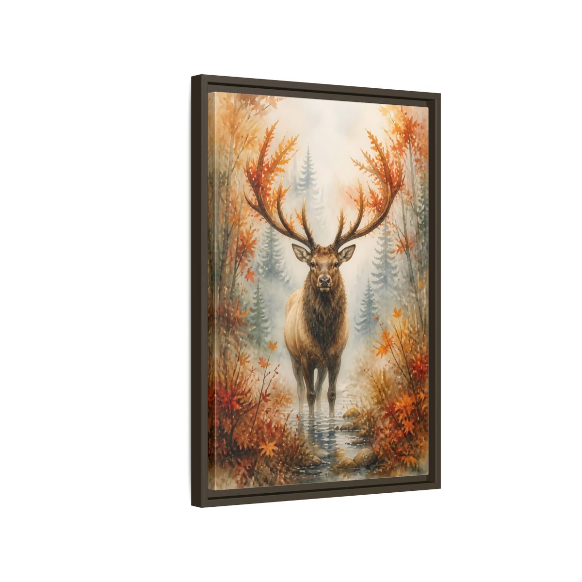 Side Mockup 2. Animals Autumn Elk In Mist shown as framed canvas print