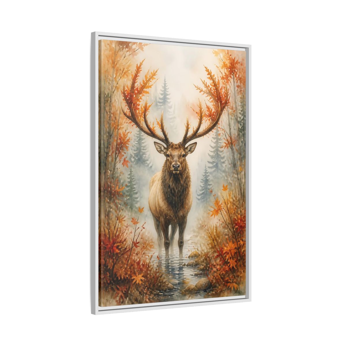 Side Mockup 9. Animals Autumn Elk In Mist shown as framed canvas print
