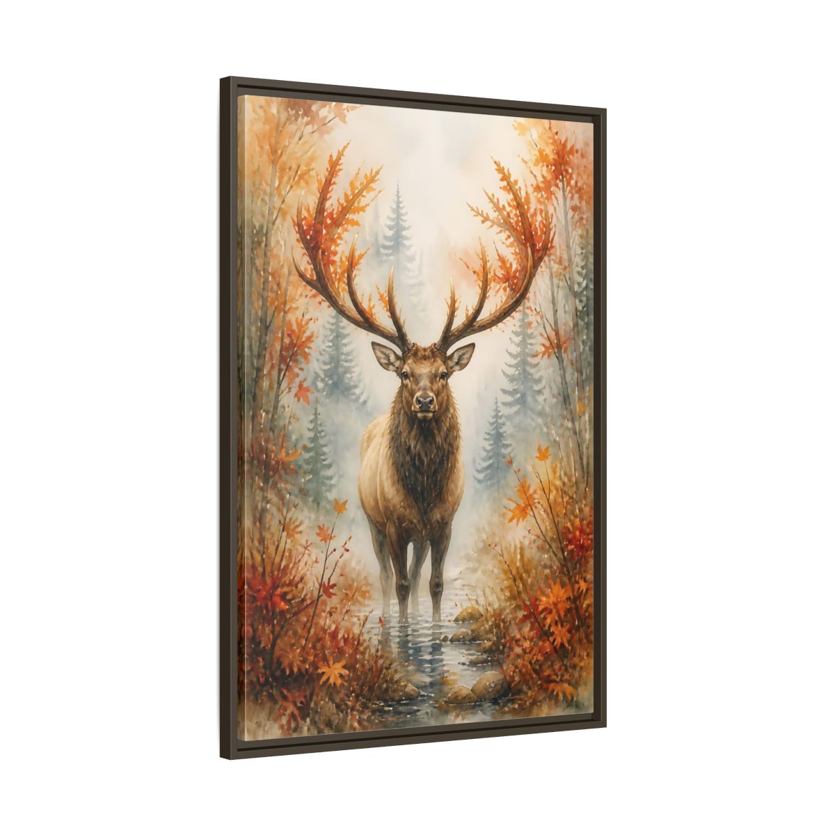 Main Mockup. Animals Autumn Elk In Mist shown as framed canvas print