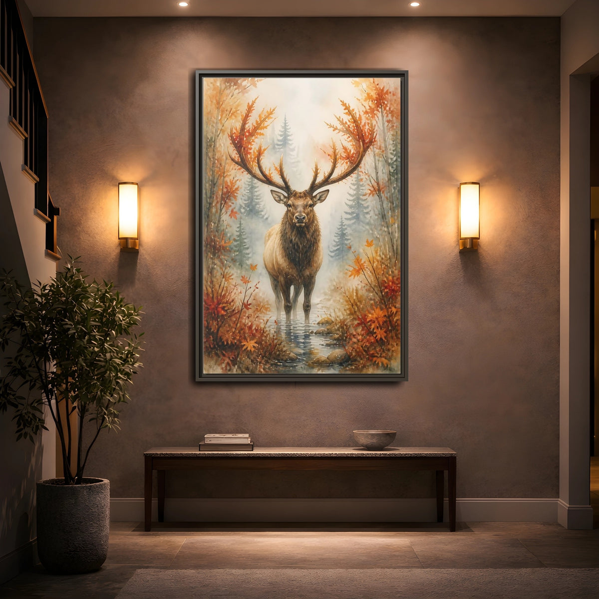 Mockup 2. Animals Autumn Elk In Mist shown as framed canvas print