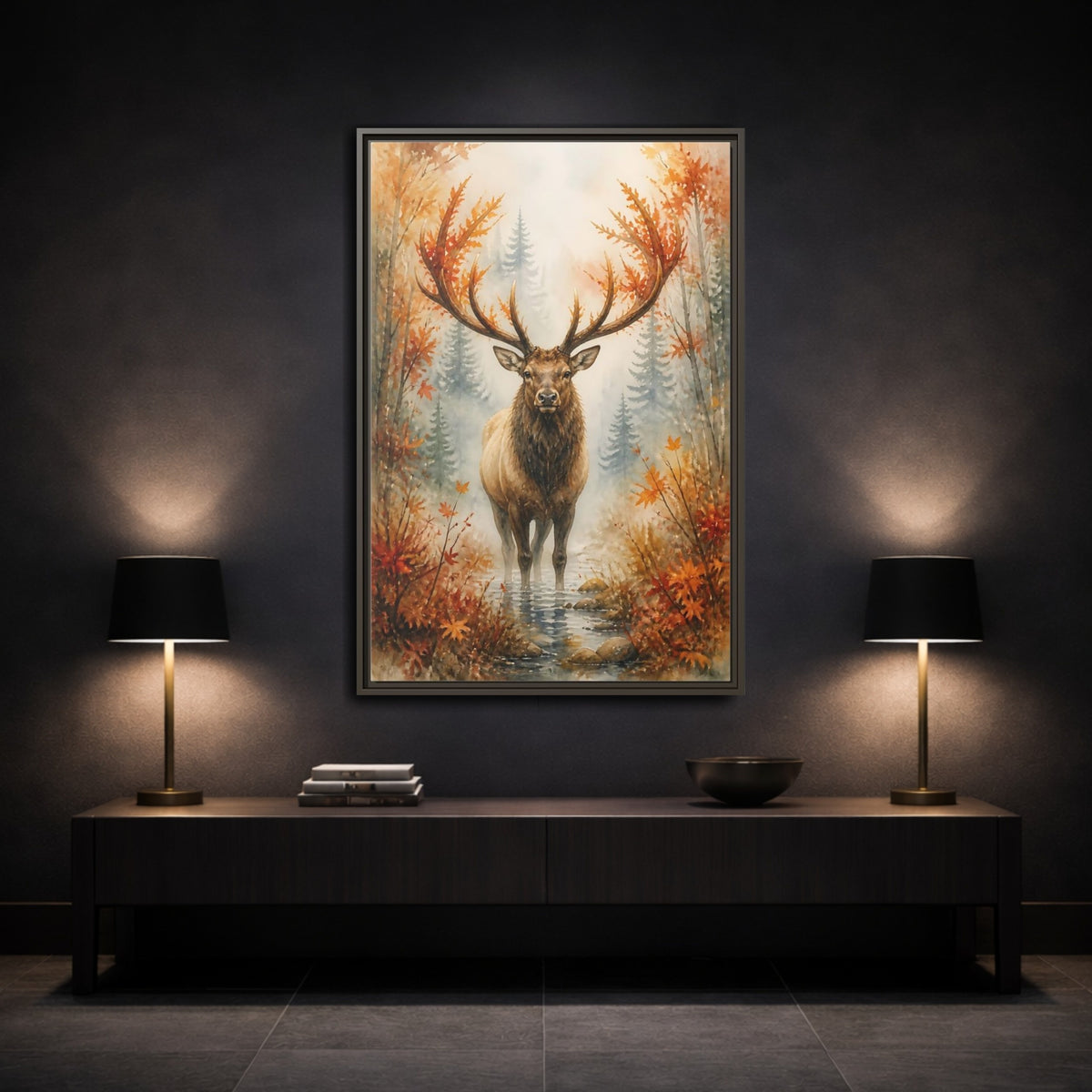 Mockup 3. Animals Autumn Elk In Mist shown as framed canvas print