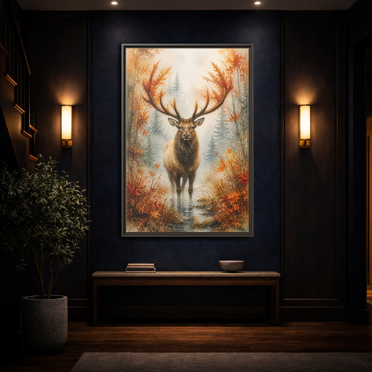 Mockup 4. Animals Autumn Elk In Mist shown as framed canvas print