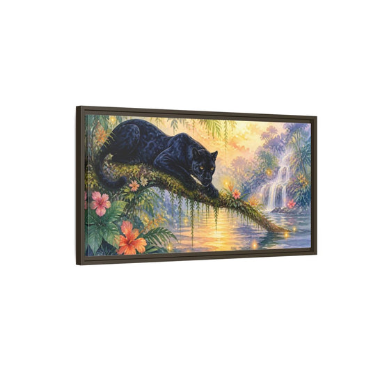 Main Mockup. Animals Black Panther On Branch shown as framed canvas print