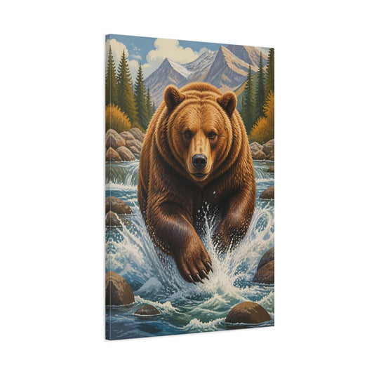 Main Mockup. Animals Charging Brown Bear In Rapids shown as canvas print