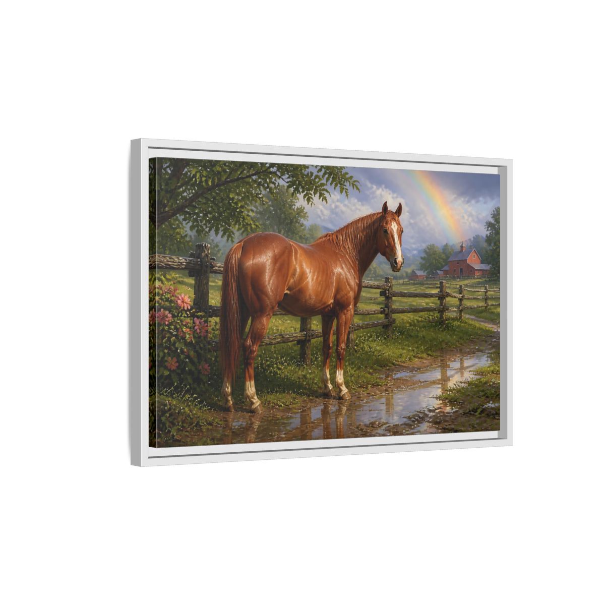 Side Mockup 1. Animals Chestnut Horse After Rain shown as framed canvas print