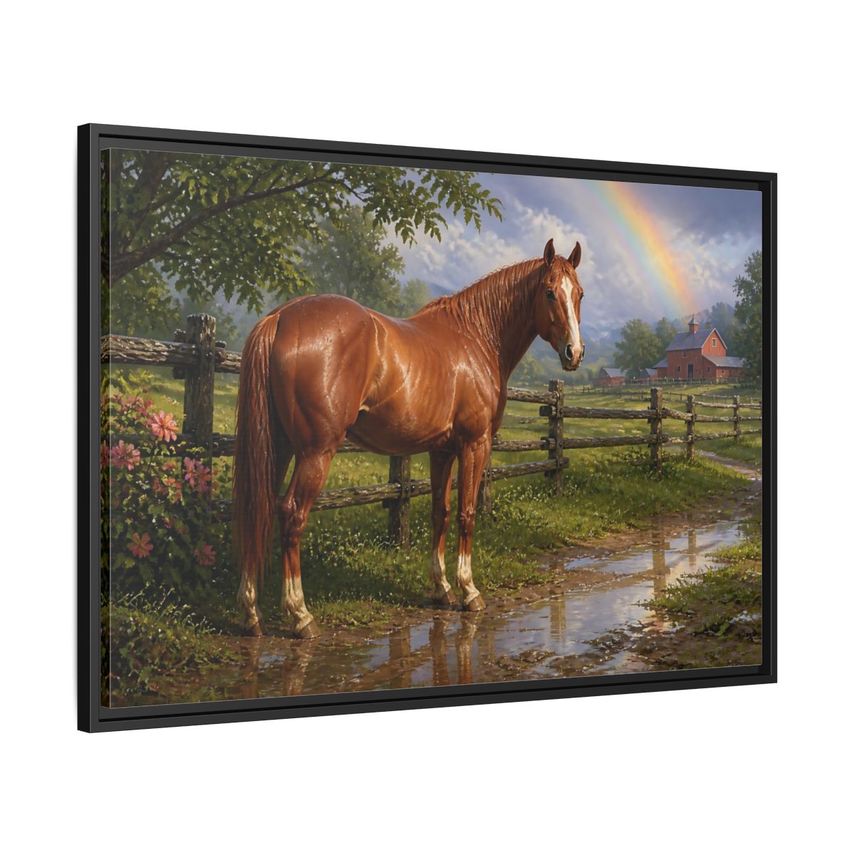 Side Mockup 13. Animals Chestnut Horse After Rain shown as framed canvas print