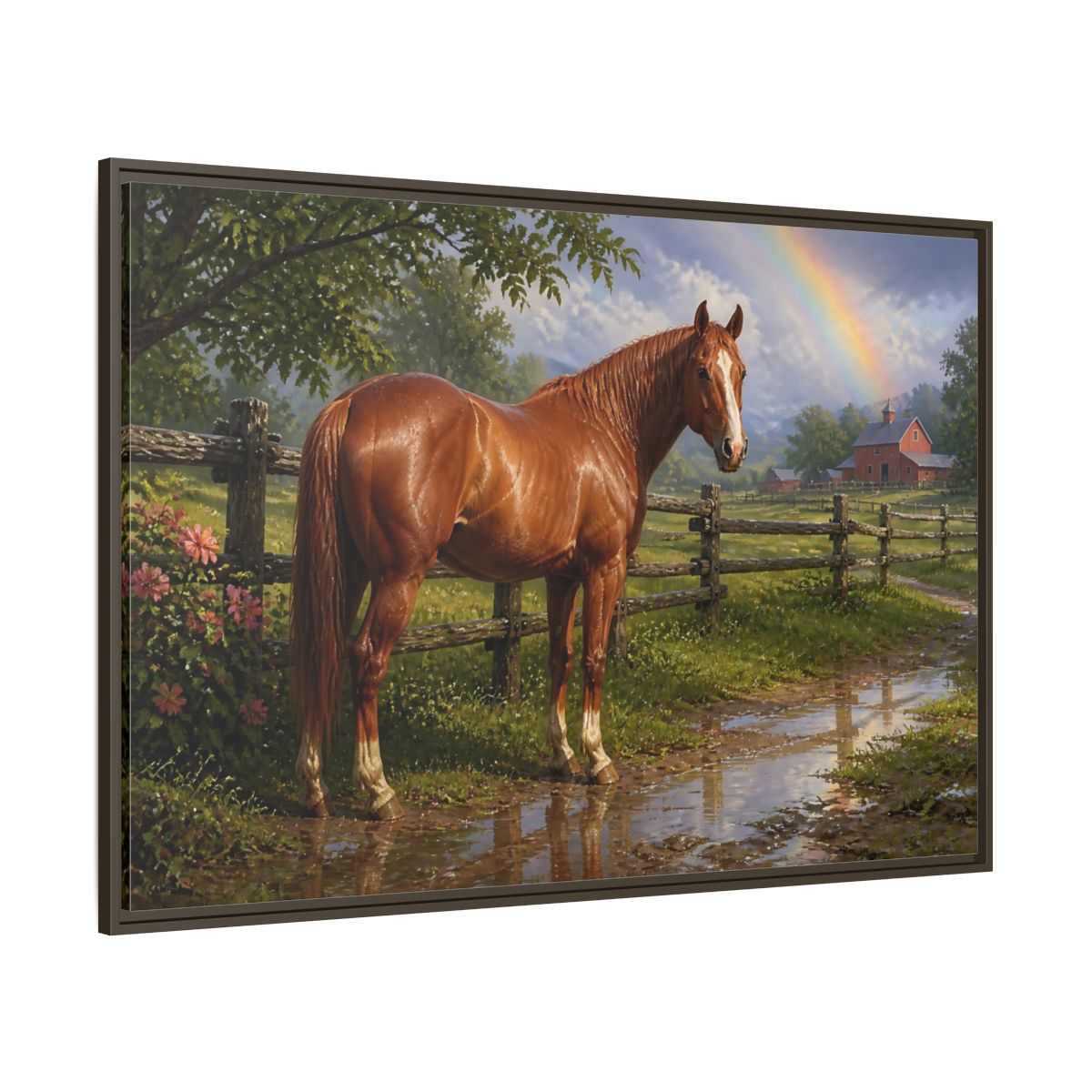 Side Mockup 8. Animals Chestnut Horse After Rain shown as framed canvas print