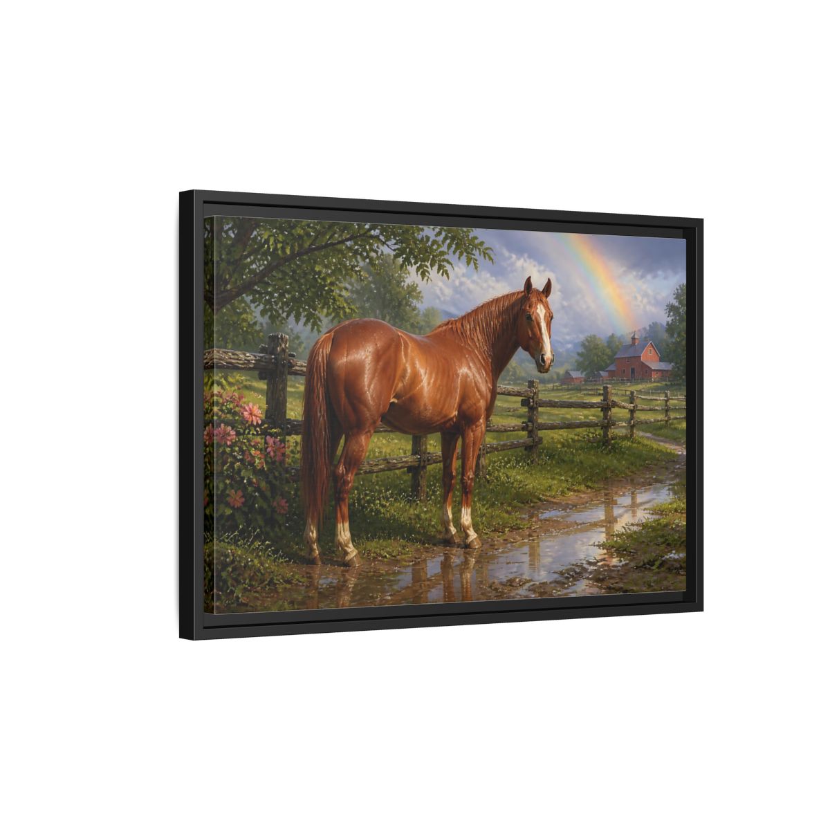 Side Mockup 3. Animals Chestnut Horse After Rain shown as framed canvas print