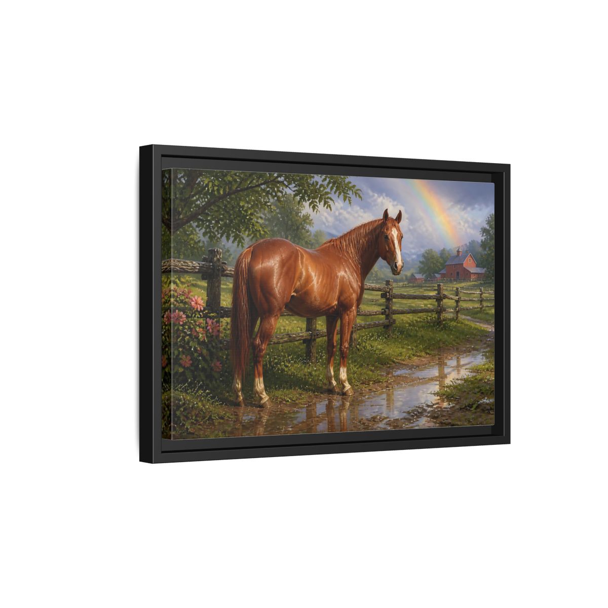Side Mockup 6. Animals Chestnut Horse After Rain shown as framed canvas print