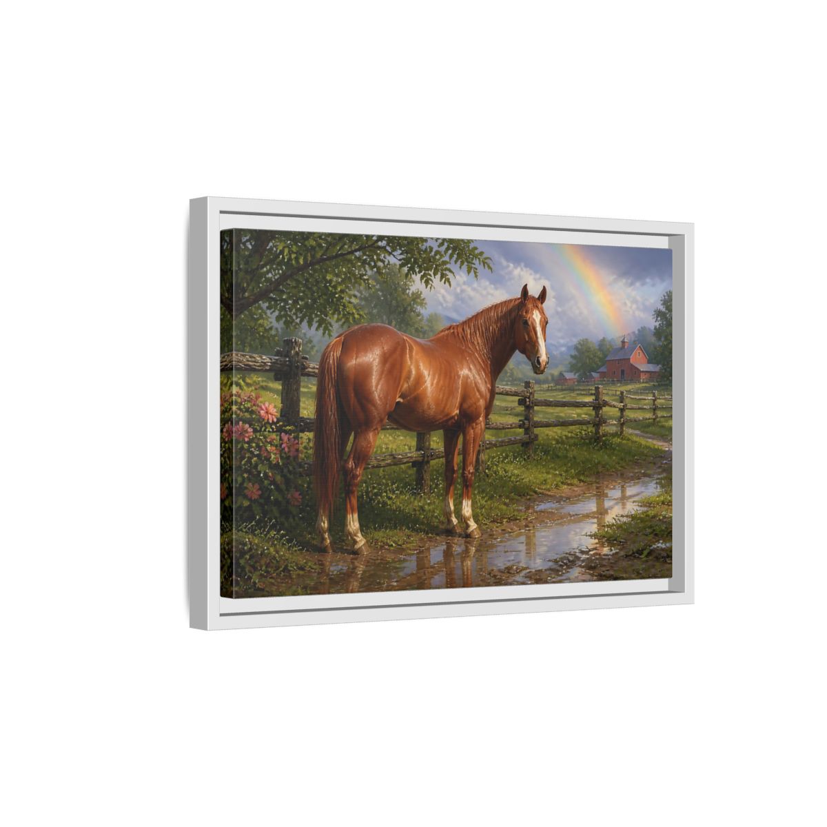Side Mockup 4. Animals Chestnut Horse After Rain shown as framed canvas print