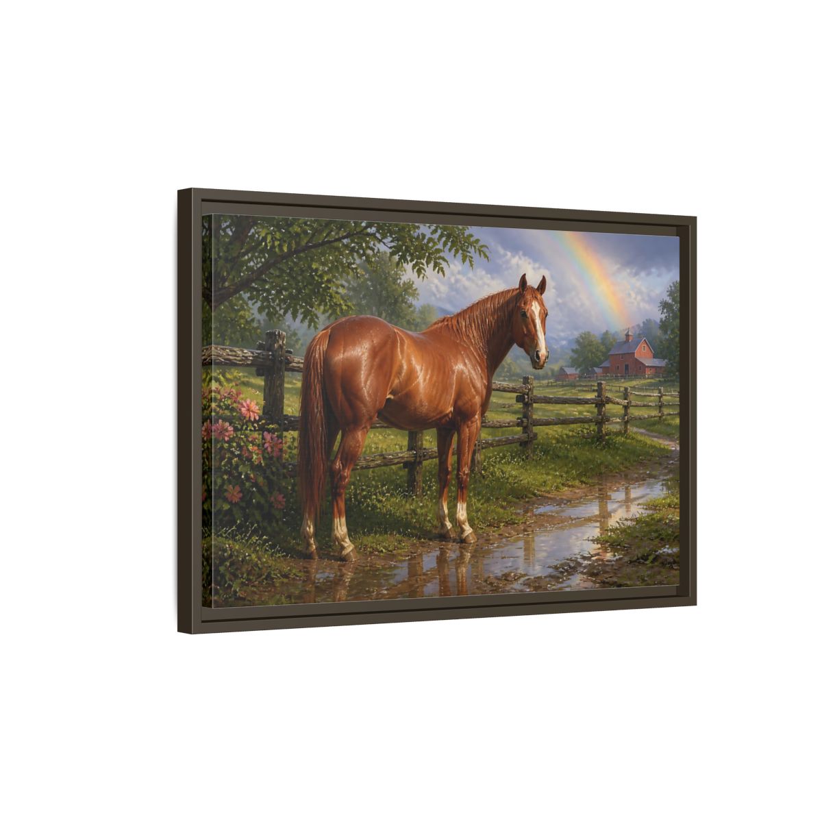 Side Mockup 2. Animals Chestnut Horse After Rain shown as framed canvas print