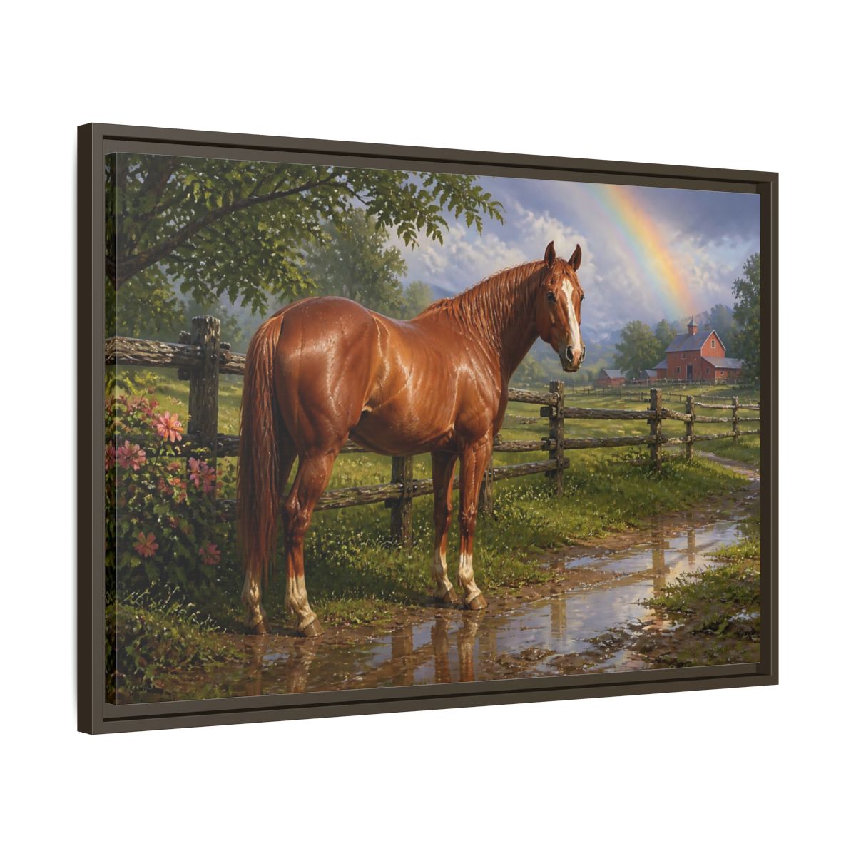 Side Mockup 11. Animals Chestnut Horse After Rain shown as framed canvas print