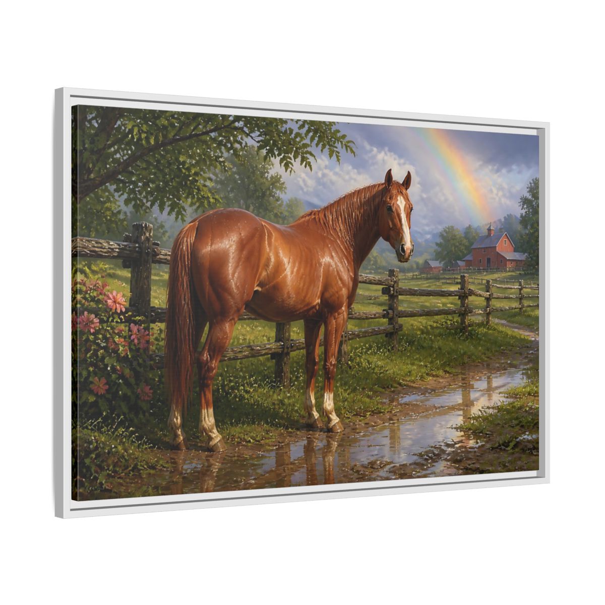 Side Mockup 9. Animals Chestnut Horse After Rain shown as framed canvas print