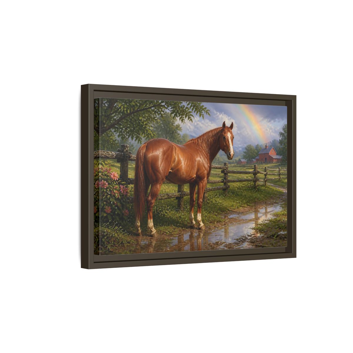 Side Mockup 5. Animals Chestnut Horse After Rain shown as framed canvas print