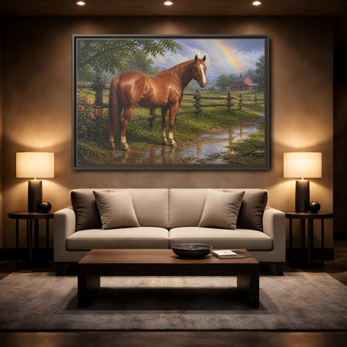 Mockup 2. Animals Chestnut Horse After Rain shown as framed canvas print