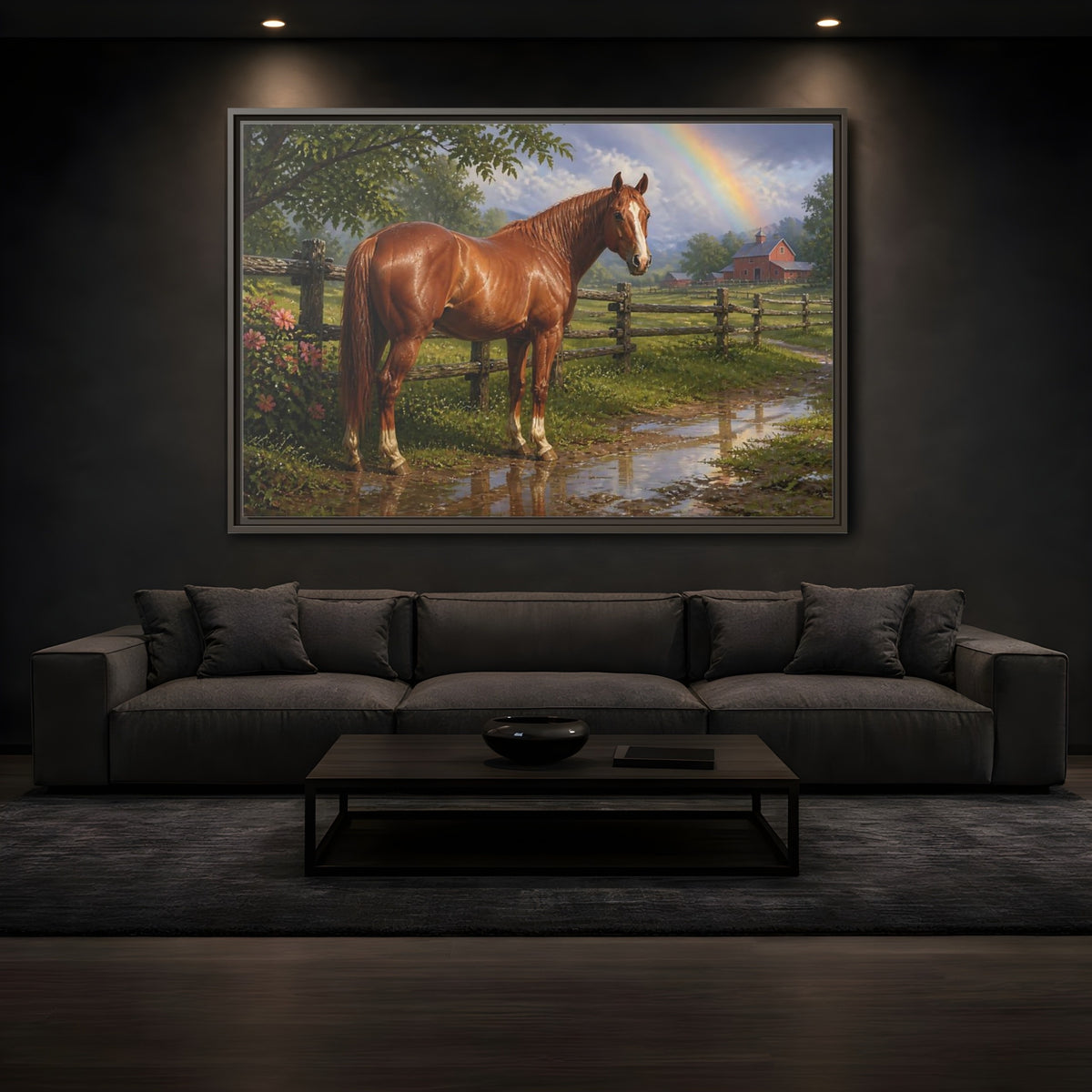 Mockup 3. Animals Chestnut Horse After Rain shown as framed canvas print