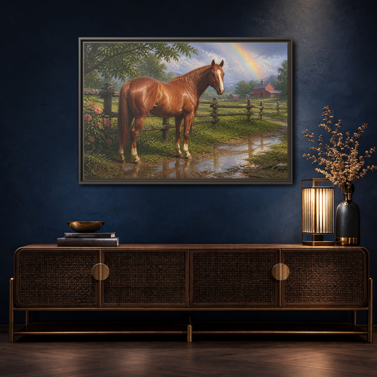 Mockup 4. Animals Chestnut Horse After Rain shown as framed canvas print