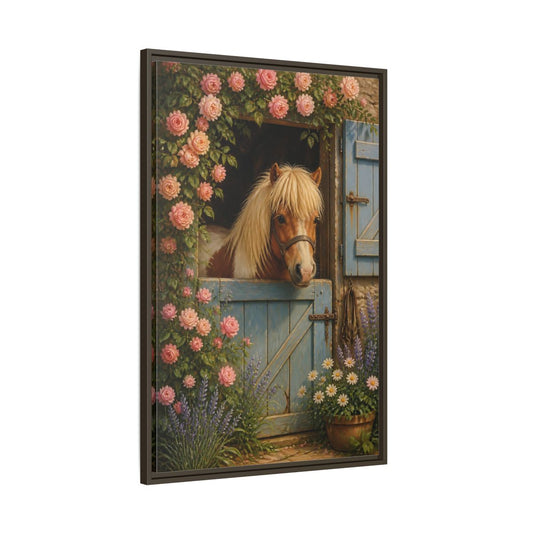 Main Mockup. Animals Cottage Pony With Roses shown as framed canvas print