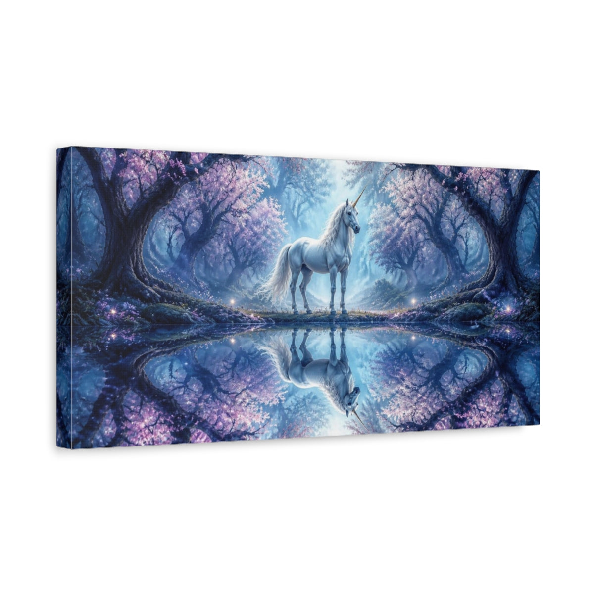 Side Mockup 3. Animals Enchanted Unicorn Reflection shown as canvas print