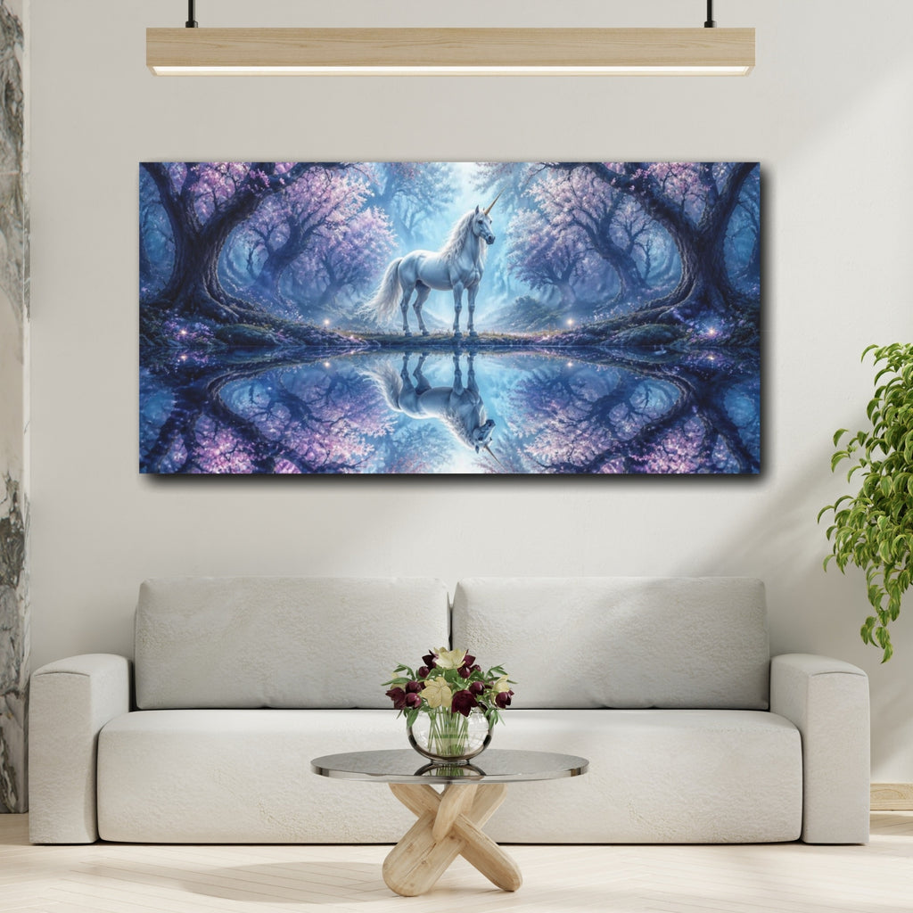 Mockup 2. Animals Enchanted Unicorn Reflection shown as canvas print