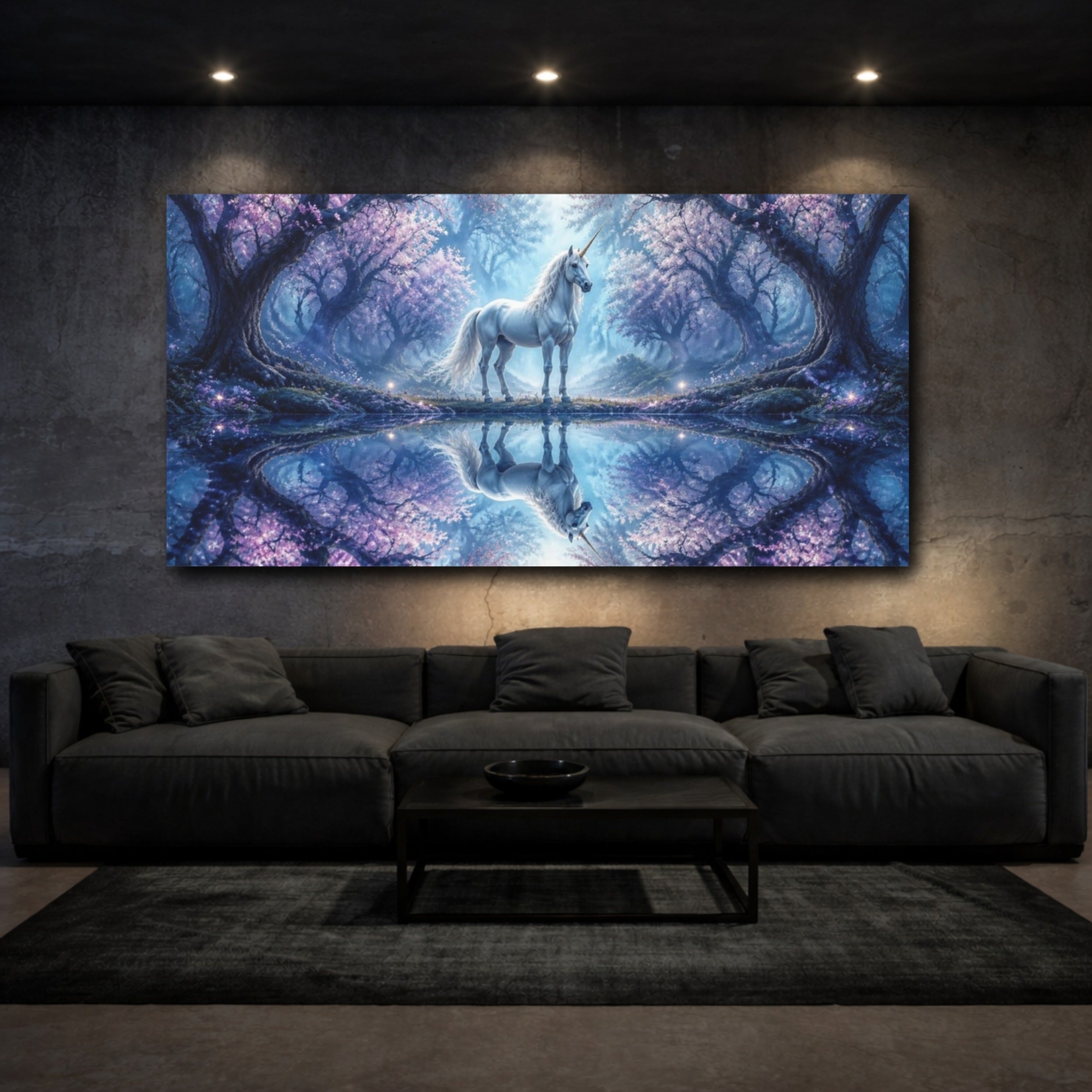 Mockup 3. Animals Enchanted Unicorn Reflection shown as canvas print