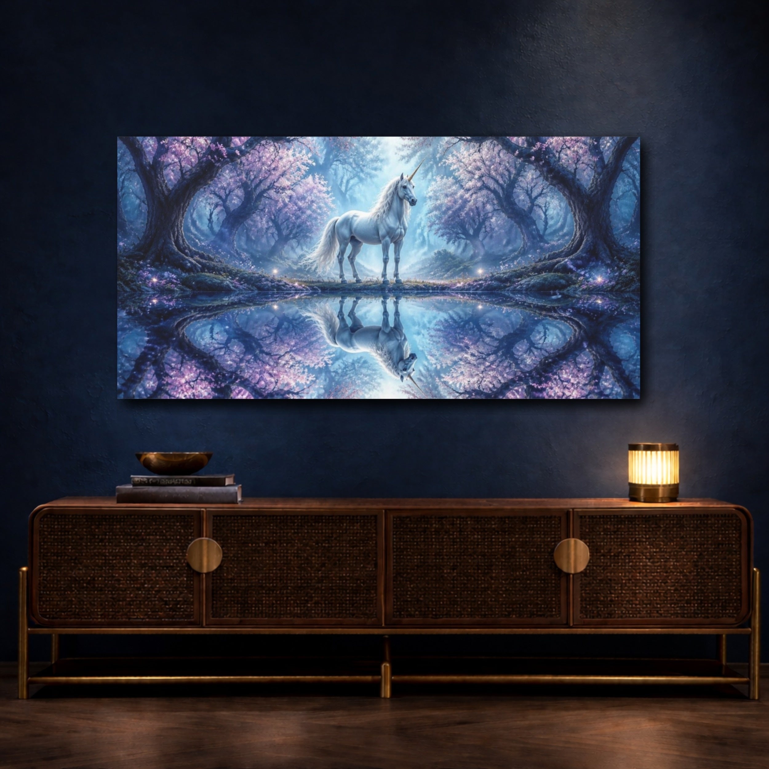 Mockup 4. Animals Enchanted Unicorn Reflection shown as canvas print